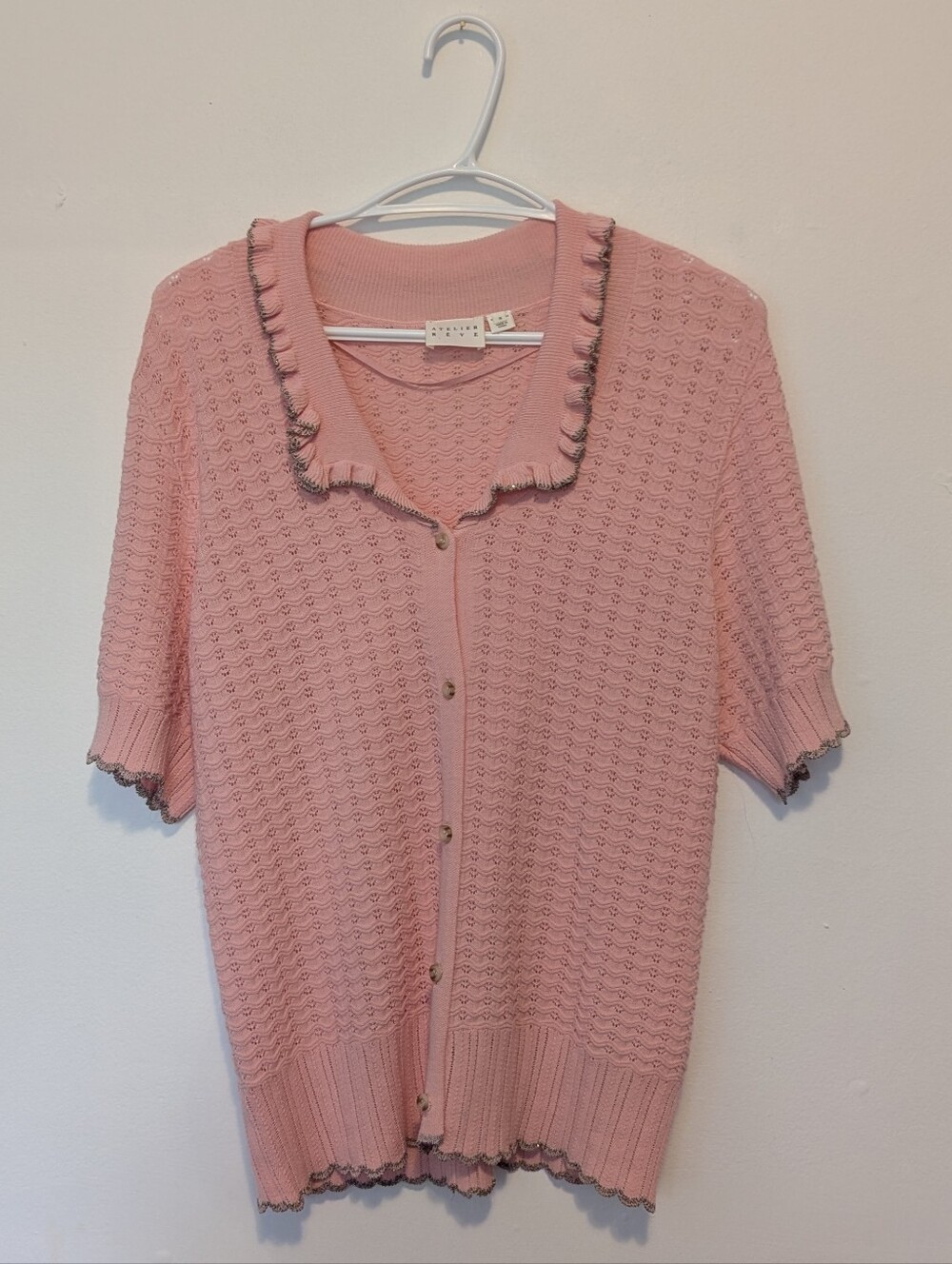 Pink Short Sleeve Cardigan Ruffle Collar Metallic Coquette Cottagecore Chic S
